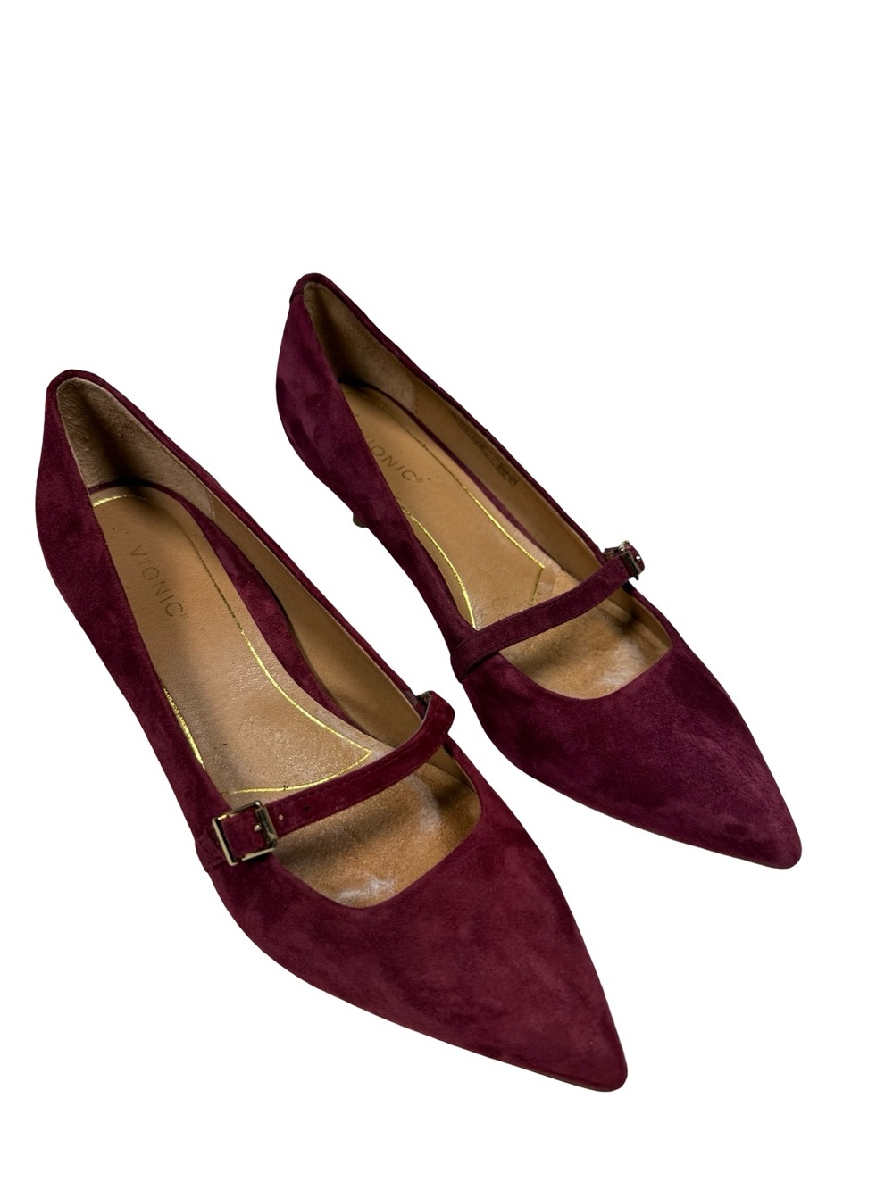 Vionic Minnie Womens 9.5 Burgundy Suede Mary Jane Pointed Toe Kitten Heel Pumps